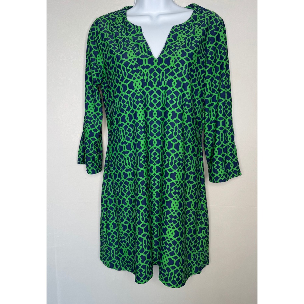 Jude Connally Green Navy Geometric Trellis Split Neck‎ Bell Sleeve Dress Small